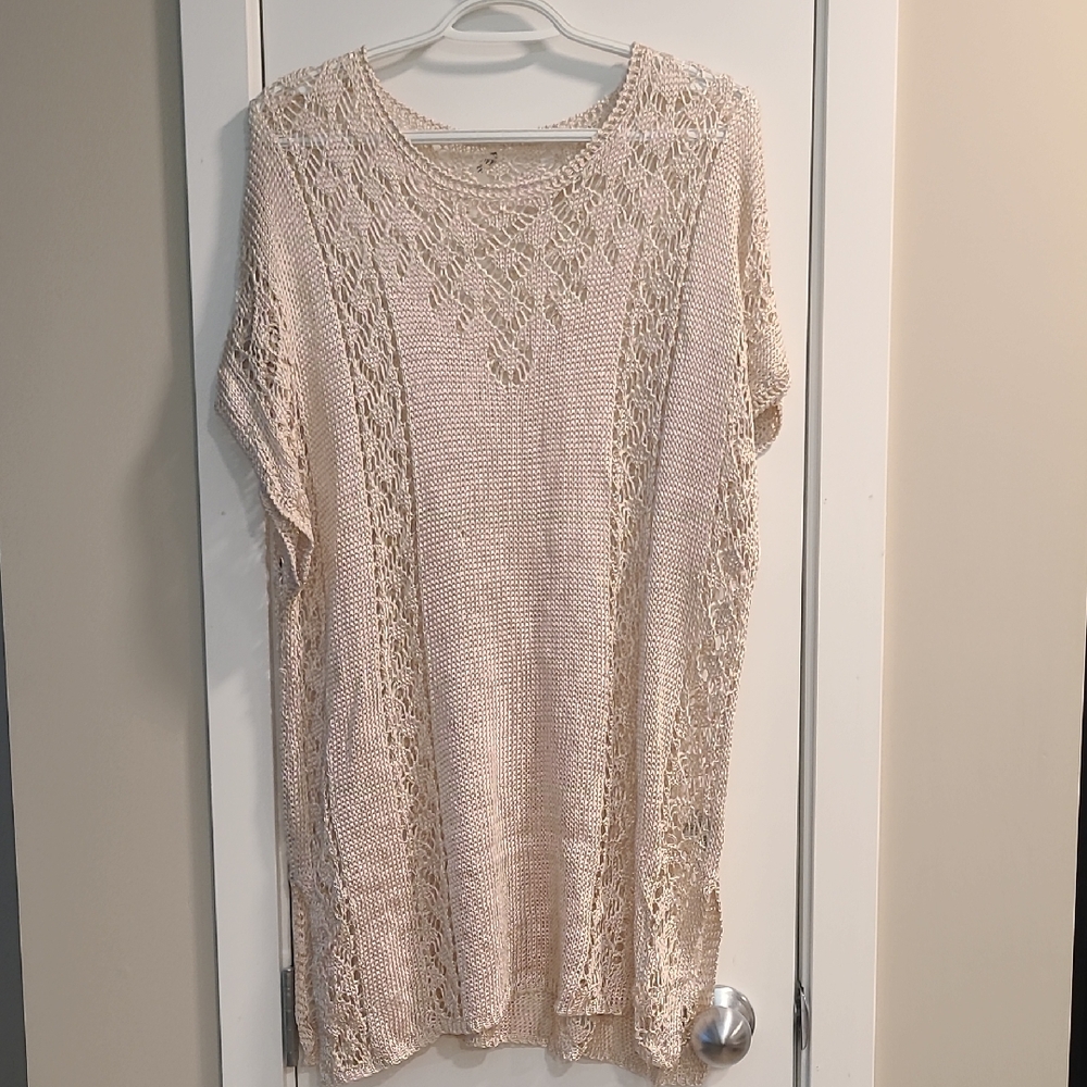 Forever 21 Beige Crochet Knit Short Sleeve Dress - Boho Festival - Size M 🤠
